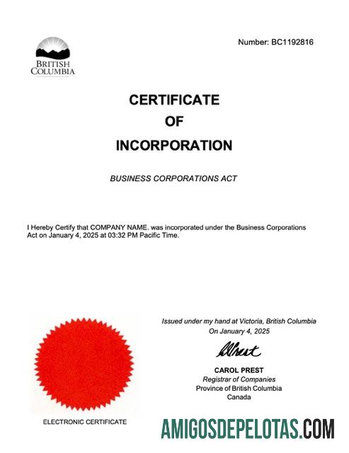 Certificado de Incorporação da Colúmbia Britânica em branco Modelo Word e PDF, Versão 2